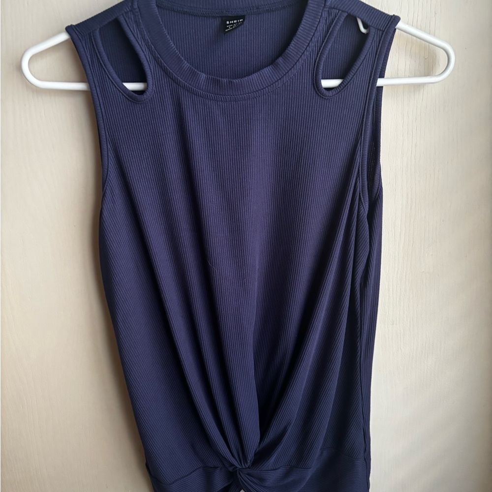 SHEIN Navy Ribbed Tank with Twist Knot and Cutout Shoulders